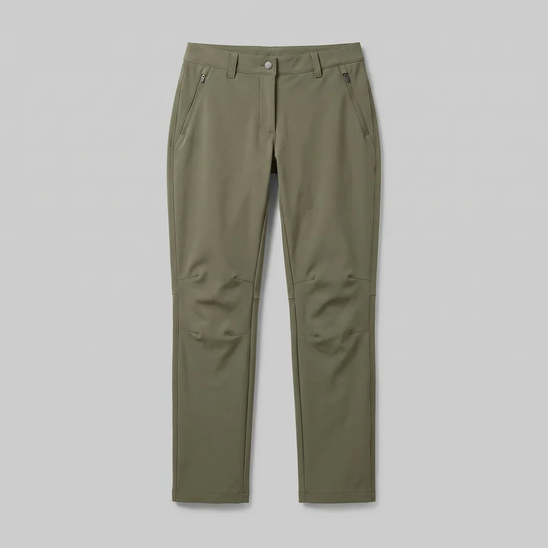 Full-length olive softshell hiking trousers laid flat in a standalone front view. The trousers have a structured waistband with belt loops, a front fly with one visible waistband button, two slanted zip pockets, tapered legs, articulated knee panels with horizontal and angled seam details, and straight stitched hems.