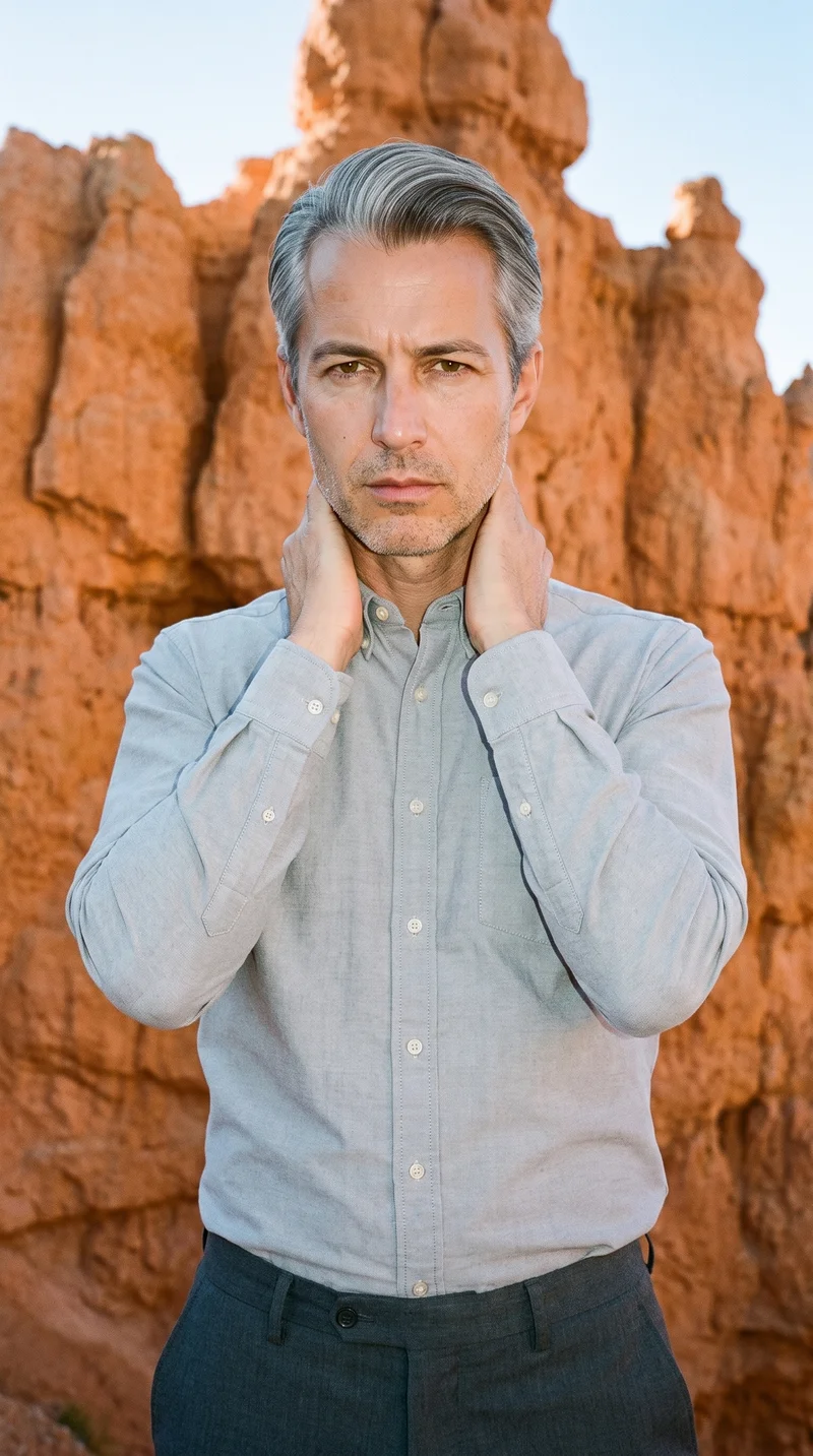 A 45-year-old Caucasian man wears a grey cotton Oxford shirt in an upper-body composition, shown from a front three-quarter angle with his hands on his neck and an intense facial expression. Bryce Canyon hoodoos form the backdrop.