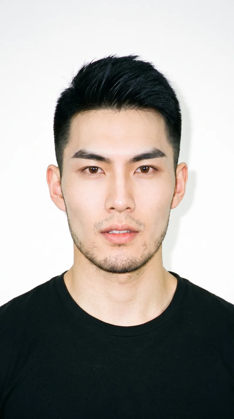 An 18-year-old Chinese man with East Asian facial features has light porcelain skin with a warm yellow undertone and a sharp, angular face defined by a strong jaw and pronounced cheekbones. His eyebrows are thin, and his eyes are brown. He has thin lips, black hair in a short tapered crew cut that is slightly longer on top than at the sides, and short, even three-day beard growth with a closely groomed texture.
