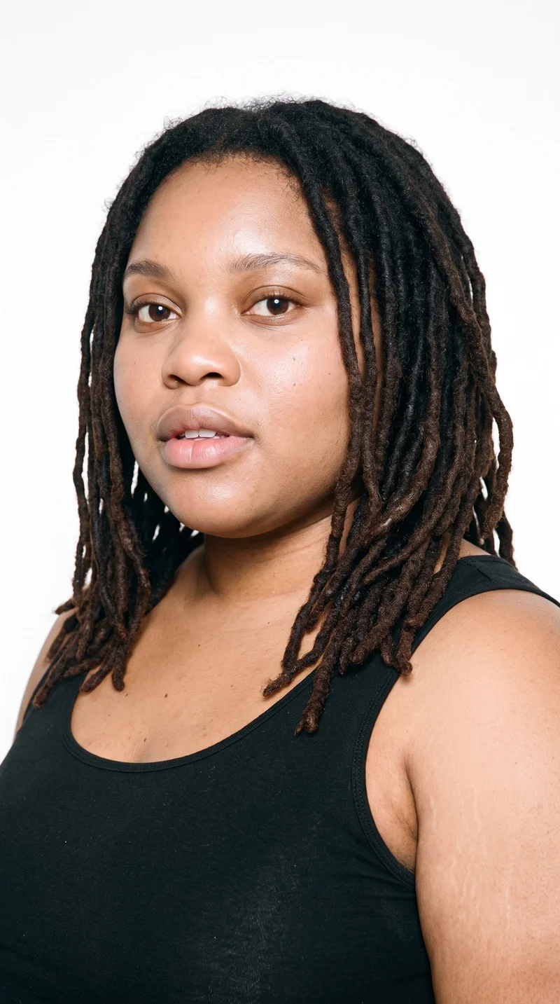 This 28-year-old African woman has medium-brown skin with a red-copper undertone. Her face has soft, youthful features, full cheeks, and rounded contours. She has thick eyebrows, brown eyes, and medium-sized lips. Her dark-brown hair is formed into long, rope-like dreadlocks.