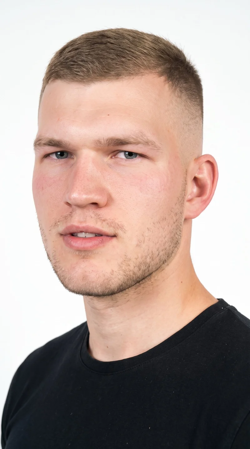 A 22-year-old Slavic man with pale peach-toned skin and a rugged face defined by a heavy jaw. He has thick eyebrows, blue eyes with a cool undertone, and full lips. His dark-blonde hair is longer on top and tapers to very short sides blending down to the skin, while fine, closely trimmed stubble lightly covers the beard area.