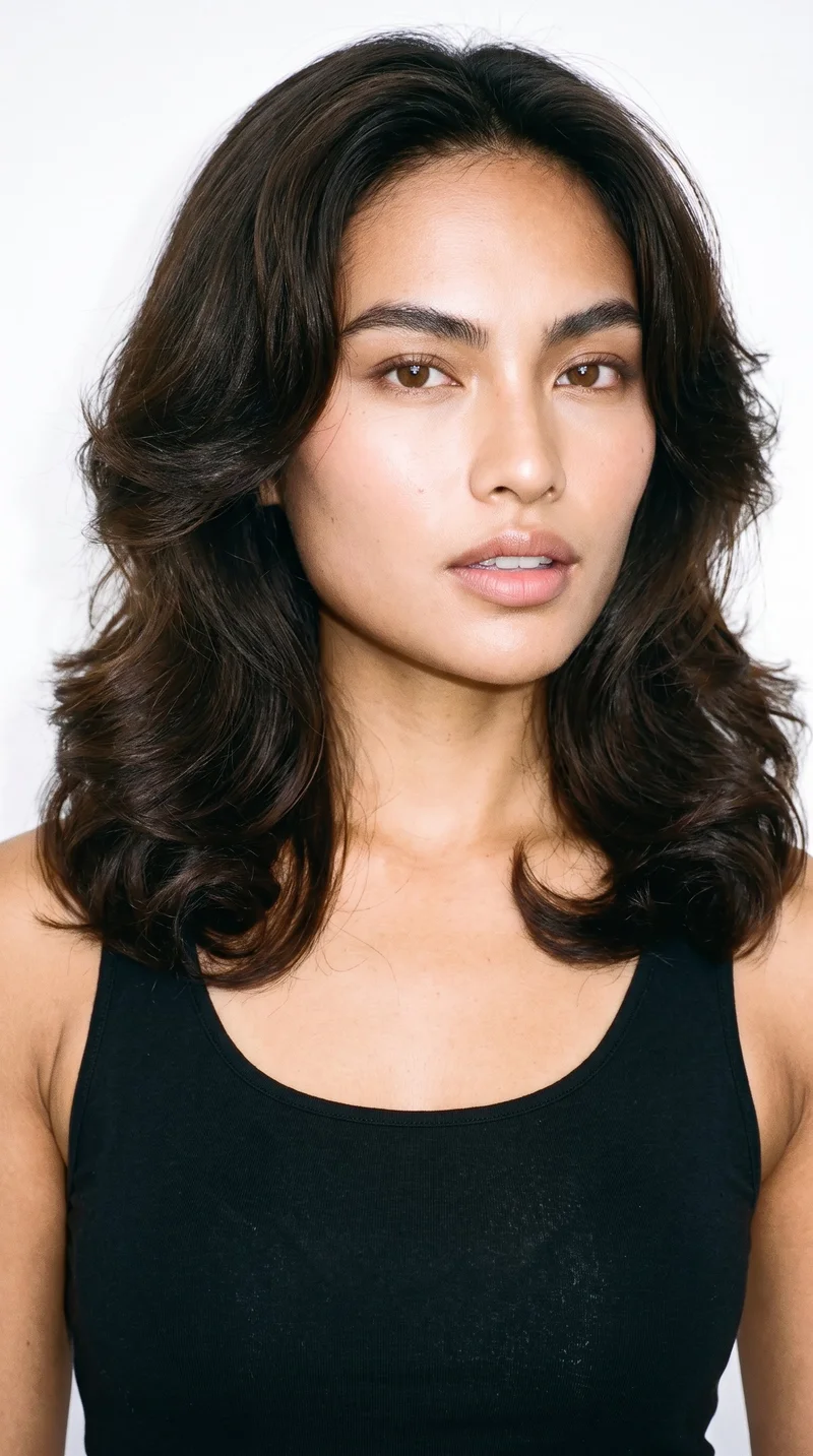 This 24-year-old Southeast Asian woman has brown skin with a warm golden sheen and a neutral undertone. Her face has balanced oval proportions with a softly rounded jaw. She has thick eyebrows, brown eyes, and medium lips. Her dark-brown hair is styled in a voluminous nineties blowout, with layers blown outward and fullness at the crown and sides.