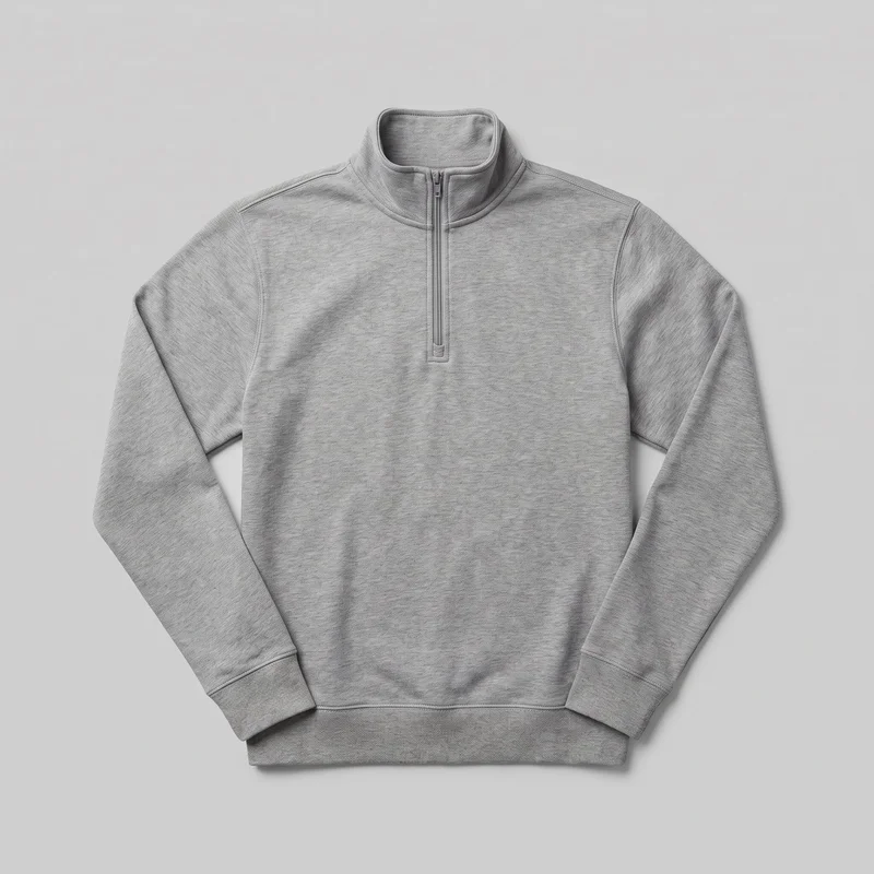 A grey men's quarter-zip sweatshirt is shown in a mostly complete front flat-lay view. It has a raised stand collar, a partial center-front zipper with a rectangular stitched placket, raglan-style sleeves with diagonal seams, ribbed cuffs, and a wide ribbed straight hem. No pockets, logos, prints, patches, embroidery, or embellishments are visible.