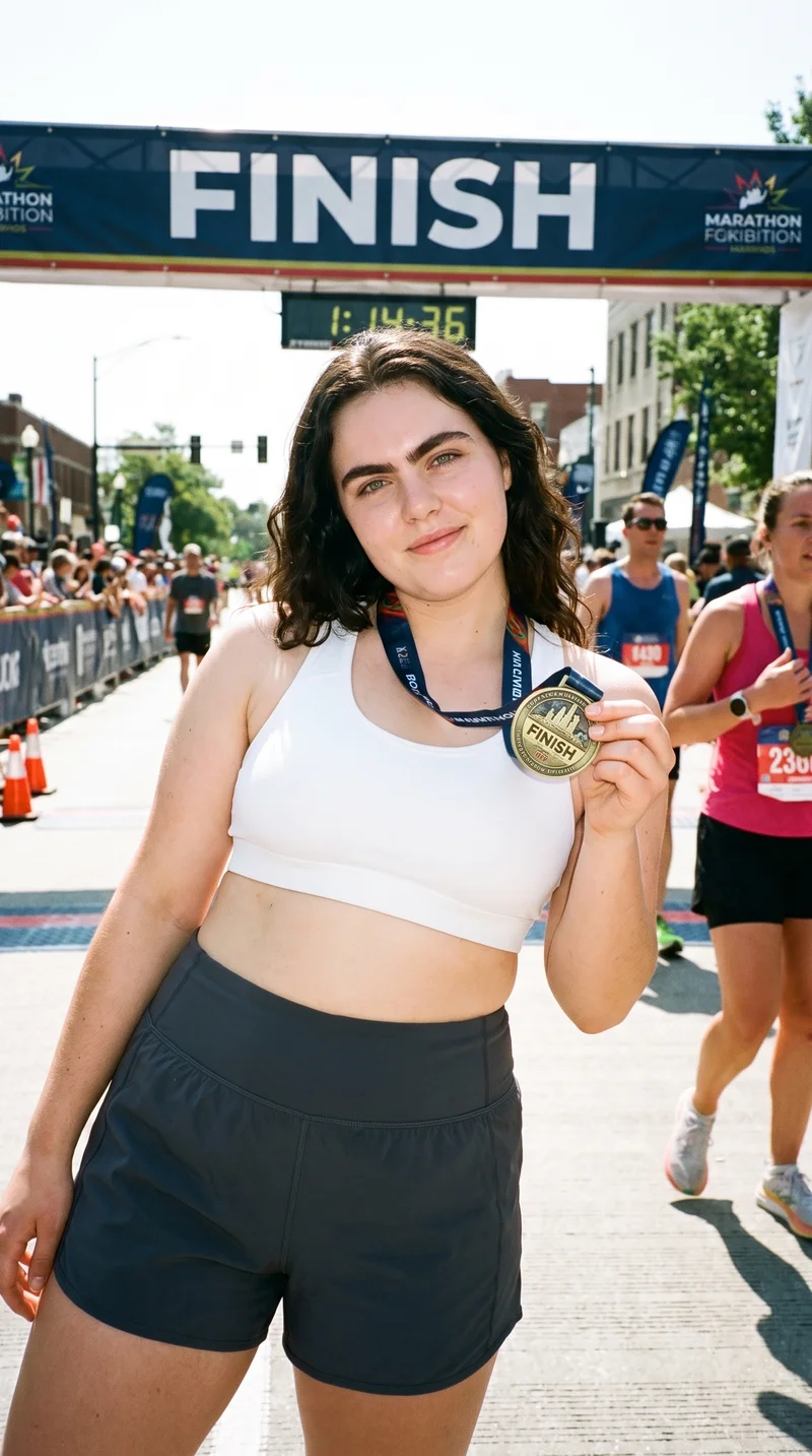 A 19-year-old Caucasian woman wears a white padded sports bra in an upper-body composition viewed from a front three-quarter angle. One hand is held at her chin, and her expression is natural. A marathon finish line serves as the backdrop.