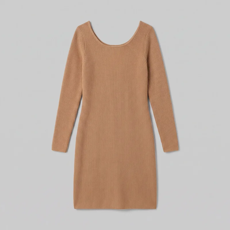A camel-colored ribbed knit sweater dress is shown laid flat as a complete standalone product view. It has a rounded scoop neckline, long sleeves, vertical ribbing throughout, a slim bodycon silhouette, and a straight short hem.
