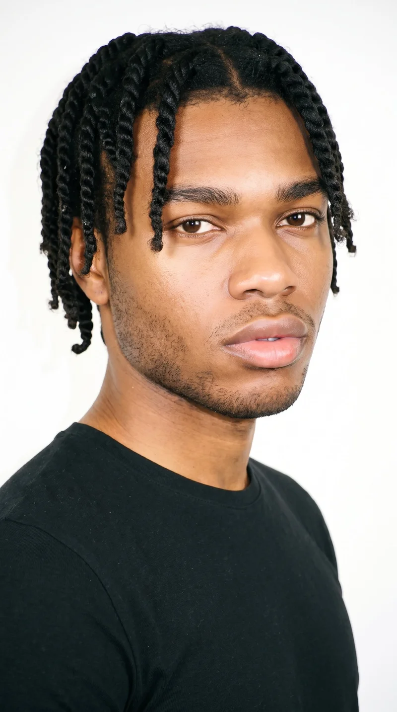 This 19-year-old African man has golden-brown skin with a cool undertone. His face is long, with more length than width, a tall forehead, and elongated cheeks. He has thick eyebrows, brown eyes, and very full lips. His black hair is divided into defined sections and formed into rope-like twists. Very short facial-hair growth creates a faint, even five-o’clock shadow across the beard area.
