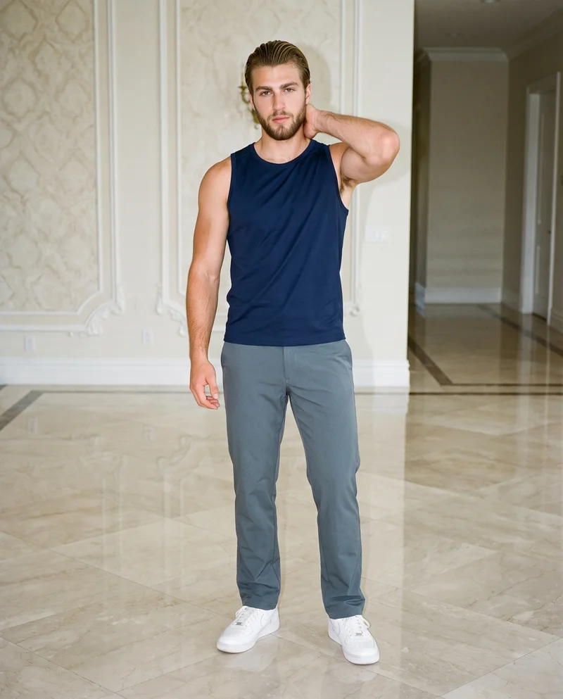 An 18-year-old Caucasian male model wears a navy training tank in a full-body front view. He stands with one hand behind his neck and a neutral facial expression, against a mansion foyer backdrop.