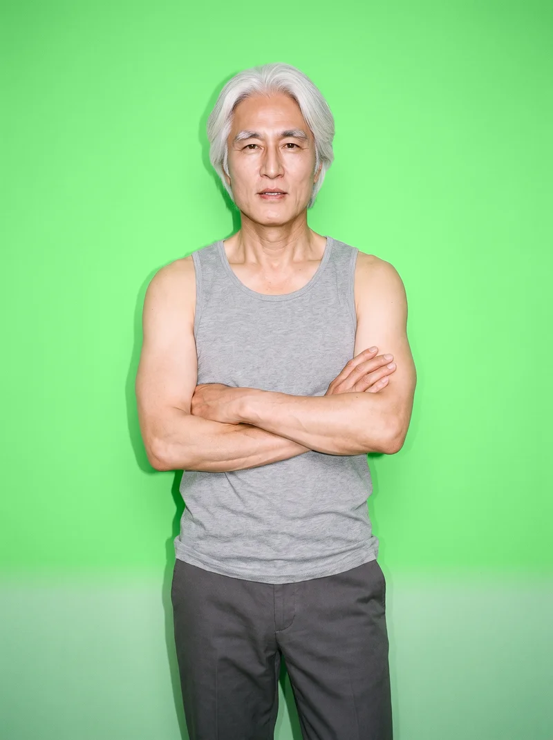Men's Grey Tank Top, Three-quarter length at Front, Natural E-Commerce lighting