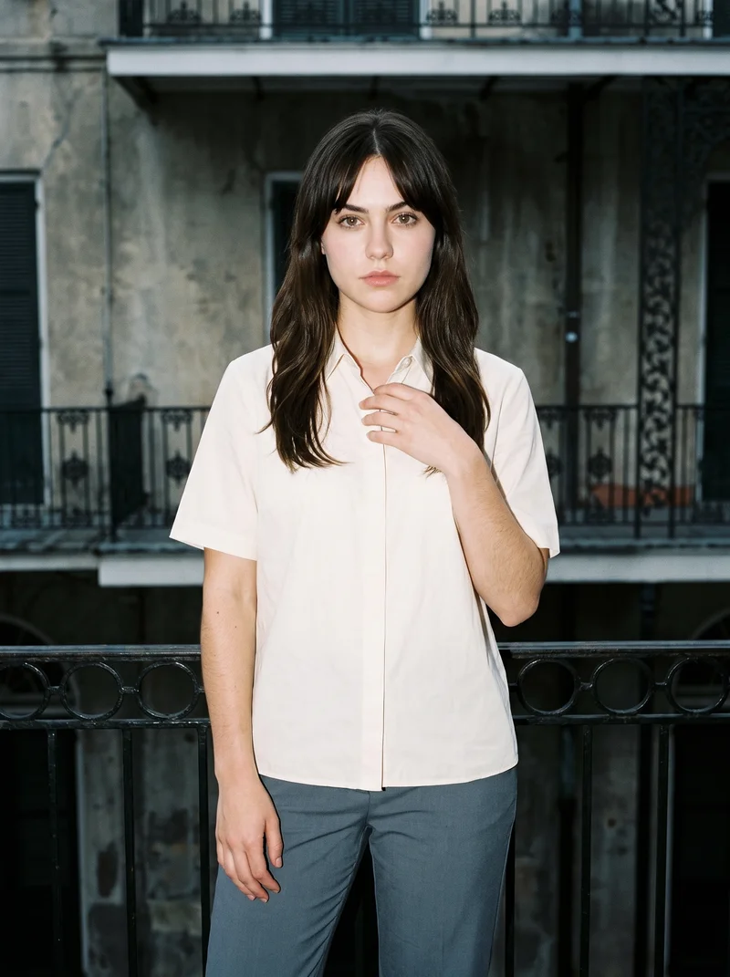 A 22-year-old Caucasian woman wears a cream cotton blouse in an upper-body front view, with her fingers held at her chest and an intense expression. A New Orleans balcony serves as the backdrop.