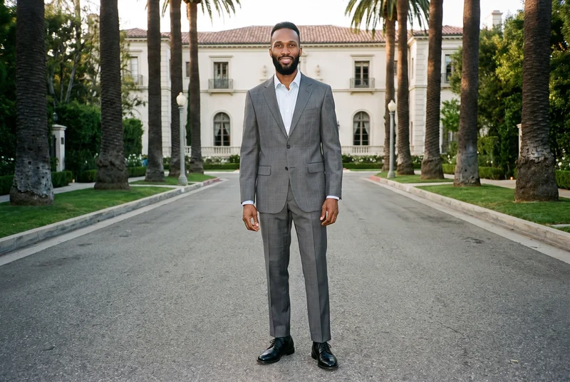 A 35-year-old African man wears a charcoal grey suit in a front-facing environmental composition. He is smiling with his ankles crossed, with Palm Mansion Boulevard as the backdrop.
