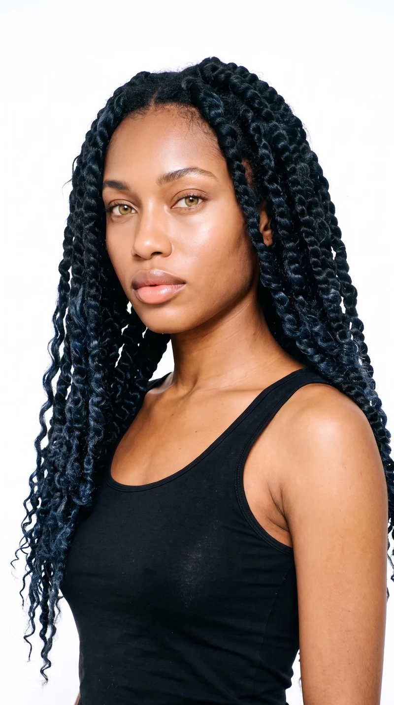 This 25-year-old African woman has medium-brown skin with a neutral undertone and an oval face with balanced proportions and a softly rounded jaw. Her medium-thickness eyebrows frame hazel eyes with green-gold flecks, and her lips are very full. Her black hair is styled in soft, rope-like passion twists with a loose, textured finish.