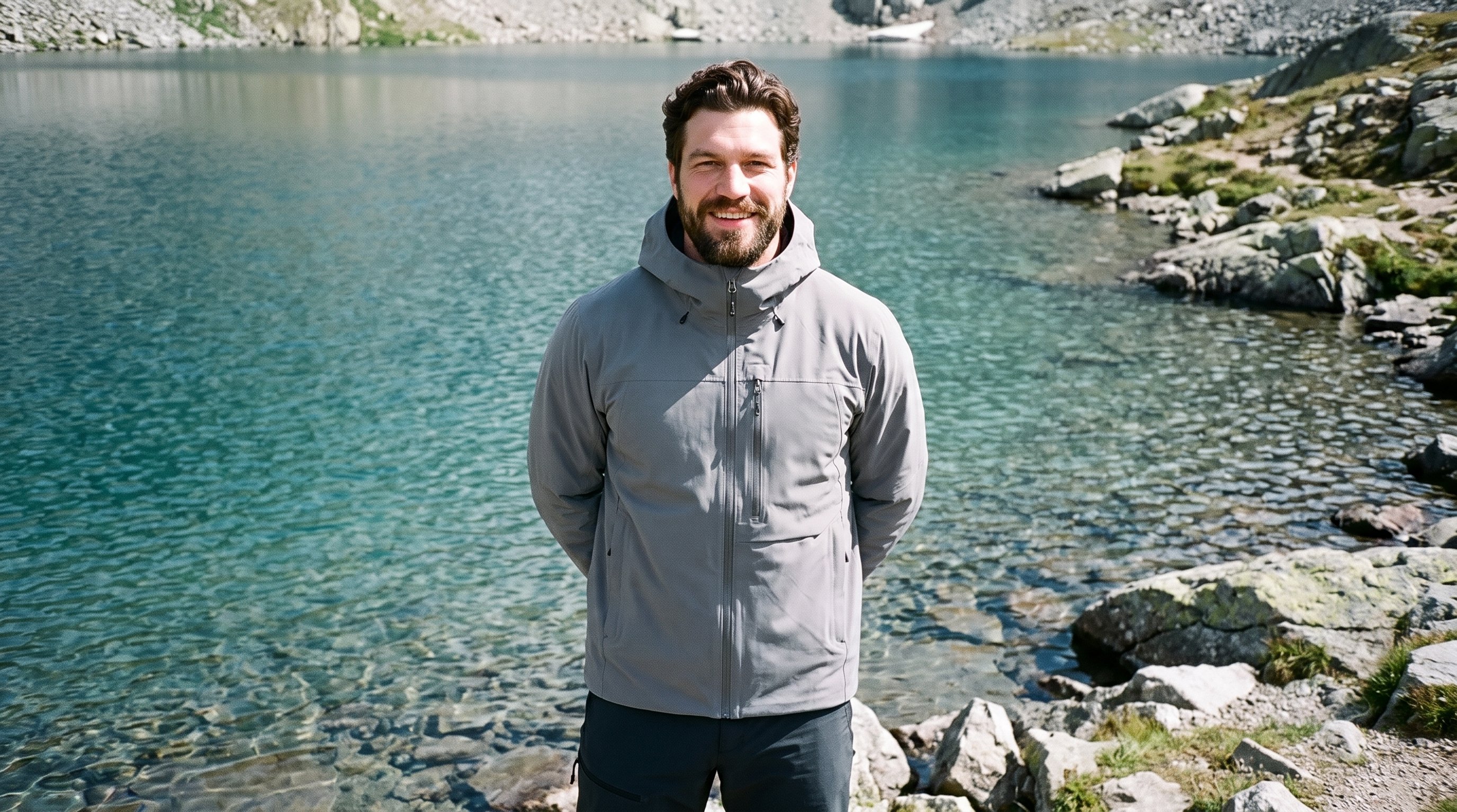 A 28-year-old Caucasian man is shown from the front in an upper-body view wearing a grey shell ski jacket. His hands are behind his back and his expression is natural, with an alpine lake shore backdrop.
