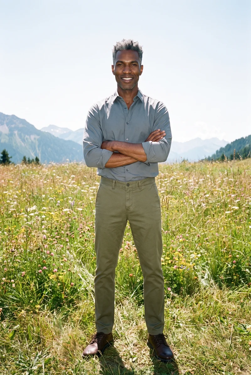 A 38-year-old African man stands in a full-body front view with his arms crossed and a smile, wearing men's olive tapered chinos. A wildflower mountain meadow forms the backdrop.