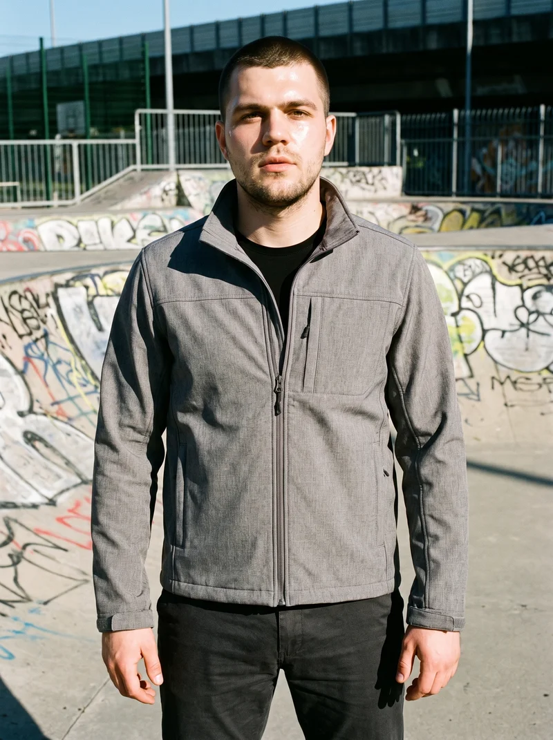 A 23-year-old Slavic man wears a grey softshell jacket in a relaxed standing pose, shown from the front in a three-quarter-length composition. The jacket is presented against a skate park backdrop.