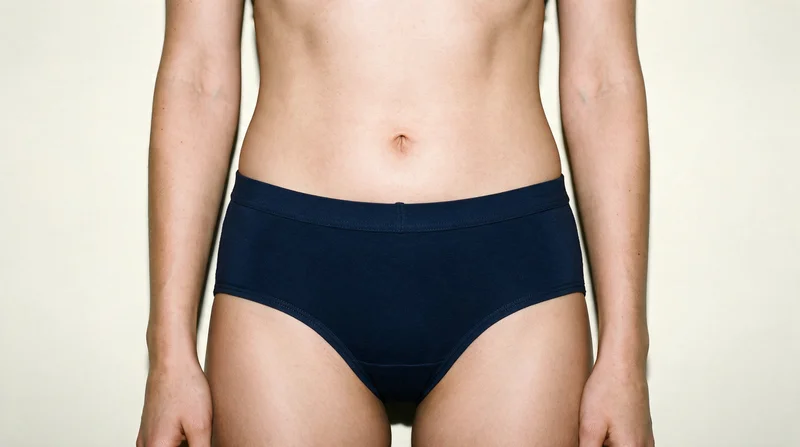 Women's navy briefs shown from a front view, framed at the hips with the hips level. An ivory lace backdrop fills the studio setting.