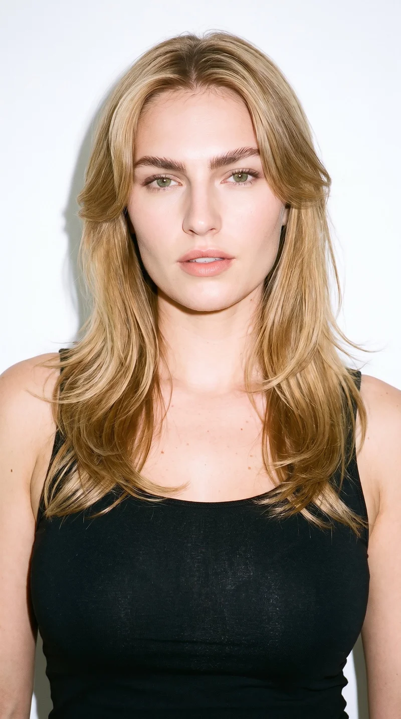 This 23-year-old Caucasian woman has fair skin with a warm golden undertone and an elongated, refined face shape defined by high cheekbones. She has thick eyebrows, green eyes, and thin lips. Her warm honey-blonde hair is styled in a layered butterfly cut with shorter face-framing pieces and added volume.