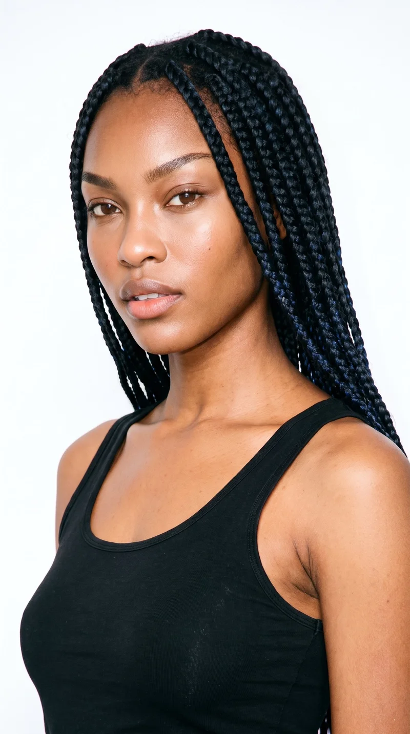 This 19-year-old African woman has golden-brown skin with a red-copper undertone. Her face is diamond-shaped, with a narrow forehead and jaw and cheekbones that form the widest part of her face. She has medium-thickness eyebrows, brown eyes, and medium-sized lips. Her black hair is styled in long knotless braids with a smooth transition from the roots and no visible knots.