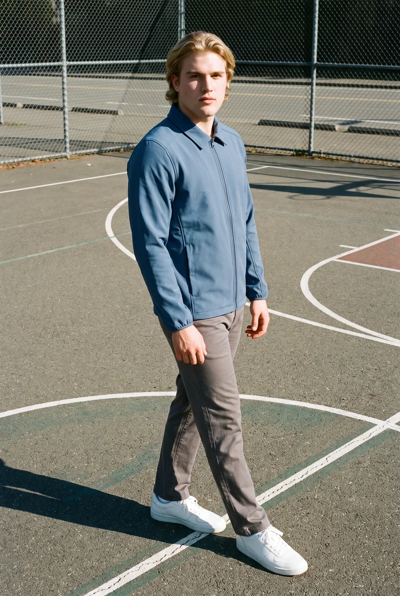A 19-year-old Caucasian man wears a men's blue softshell jacket in a full-body view from a front three-quarter angle. He stands in a hip-out pose with a neutral expression, against a basketball court backdrop.