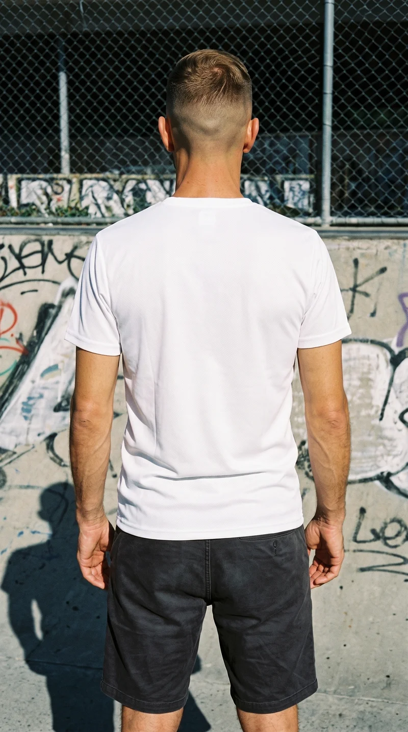 A 51-year-old Caucasian man wears a white mesh performance top in a relaxed standing pose, shown from the back in a three-quarter-length frame. A skate park serves as the backdrop.
