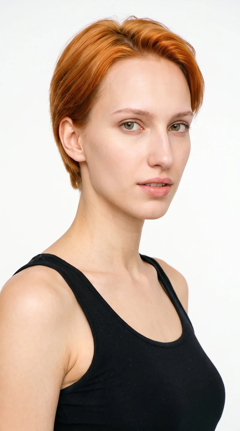 This 21-year-old Caucasian woman has a medium skin tone with a warm golden undertone. Her face is long, with more length than width, a tall forehead, and elongated cheeks. She has thin eyebrows, green eyes, and full lips. Her copper hair is cut short and even.