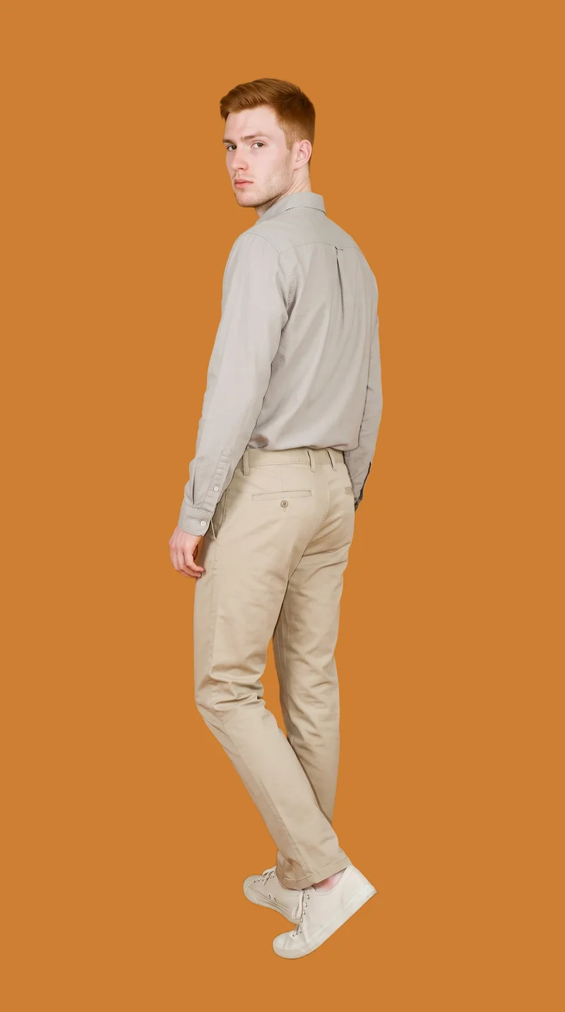 Men's Beige Slim Chinos, Full body at Back, Studio Cutout lighting