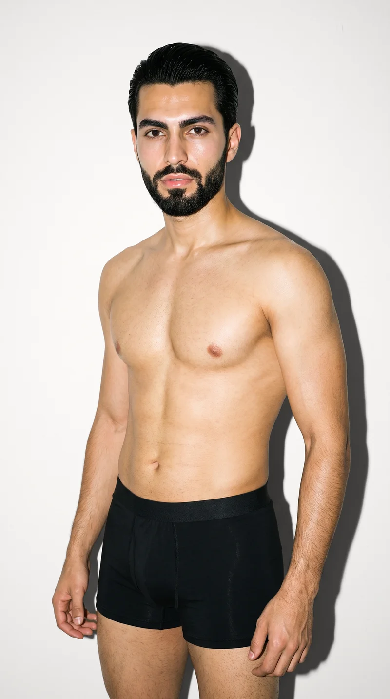 Black Boxers, Upper body at Three-quarter, Flash Editorial lighting