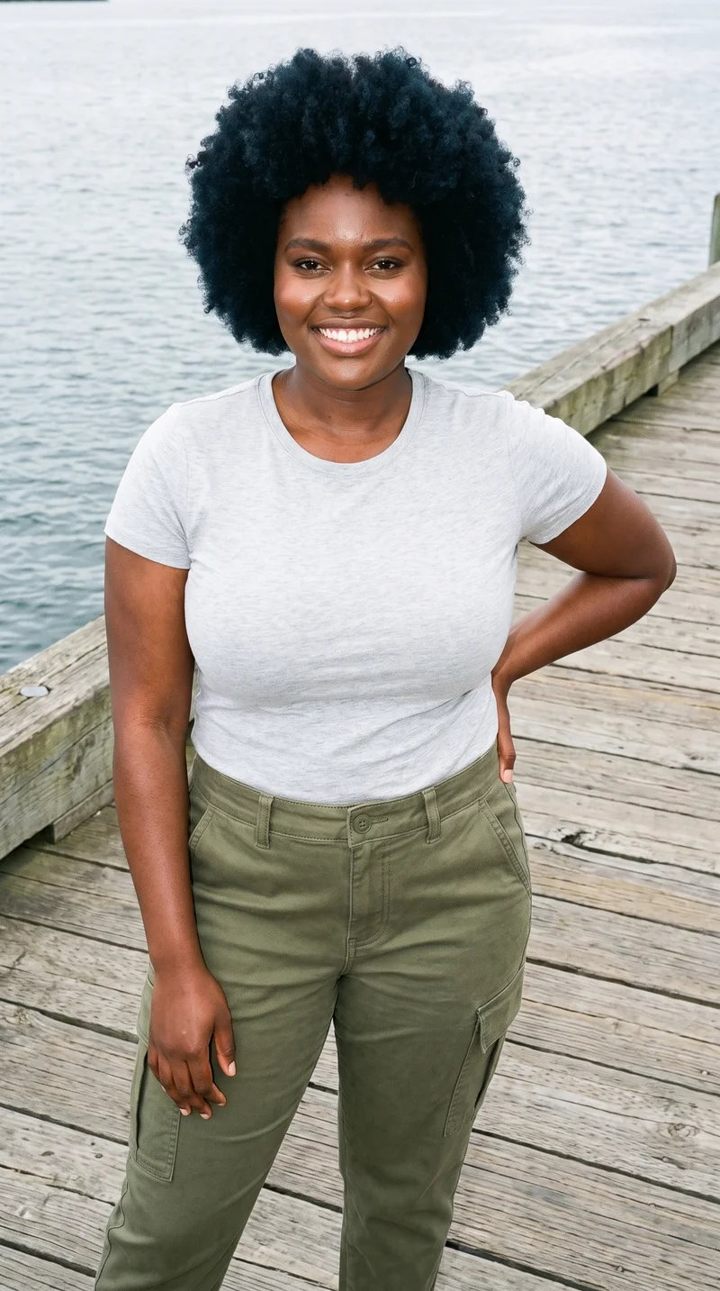 A 34-year-old African woman wears women's olive utility cargo pants in a front-view, three-quarter-length composition. She is smiling with one hand on her lower back. A Nantucket Wharf backdrop is visible behind her.