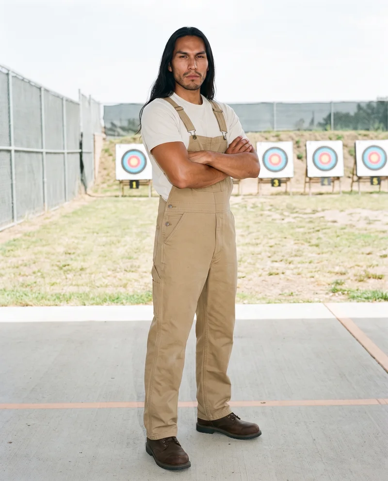Men's Khaki Utility Dungarees, Full body at Three-quarter, Natural E-Commerce lighting
