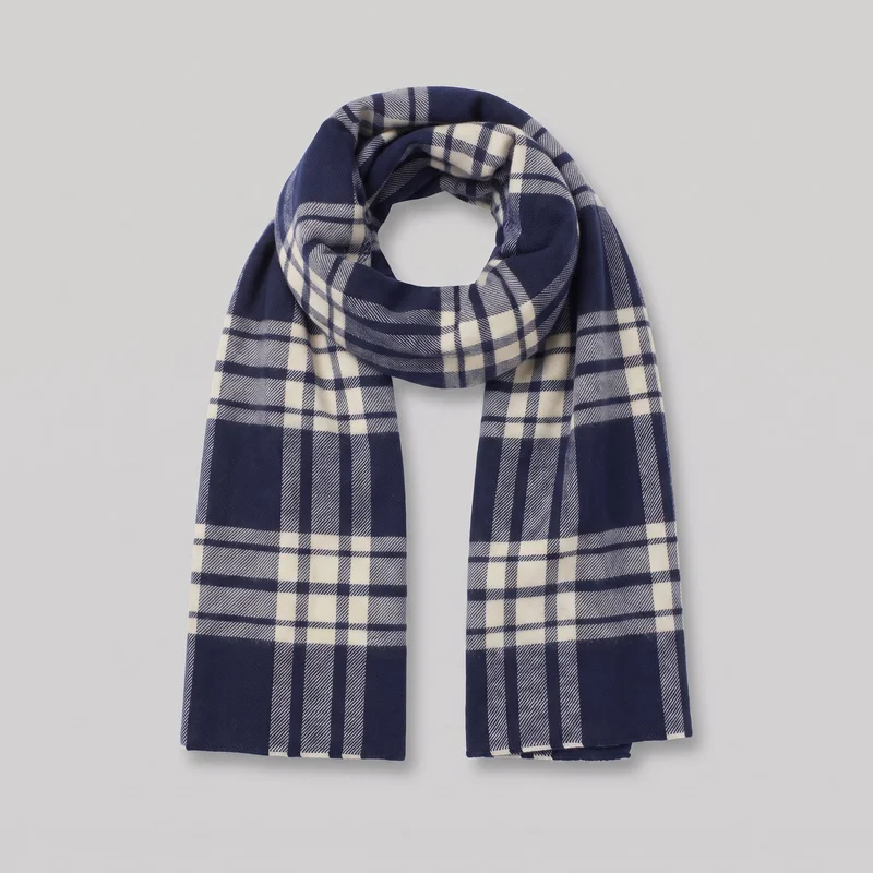 A rectangular navy checked wool scarf is arranged in a loose loop with two flat hanging ends. The all-over tartan-style plaid features broad blocks, narrow intersecting bands, and fine diagonal woven striping within some bands, with clean squared hems and no visible fringe, logos, patches, embroidery, or embellishments.