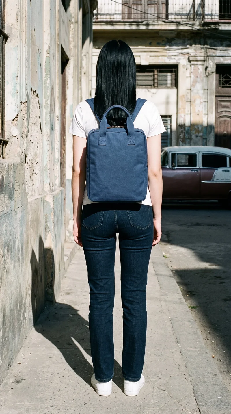 A 19-year-old Caucasian woman is shown full body from the rear while carrying a navy canvas backpack on her back. A backdrop labeled Cuban Street Vintage Cars is visible behind her.