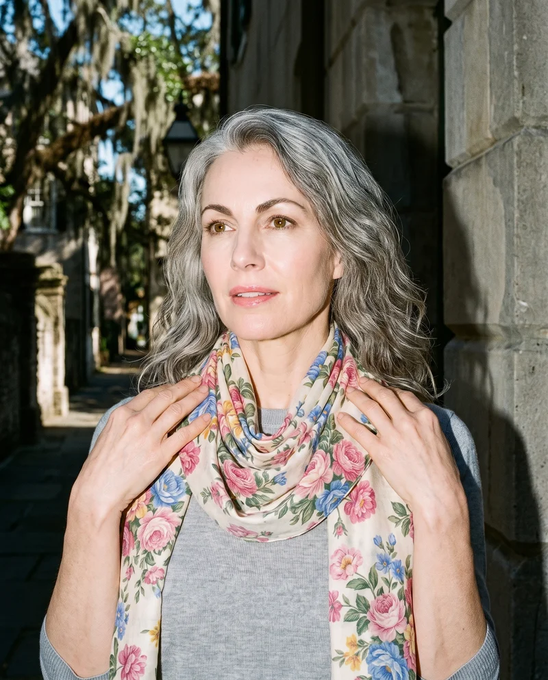 Floral Print Shawl, Bust at Three-quarter, Flash Editorial lighting
