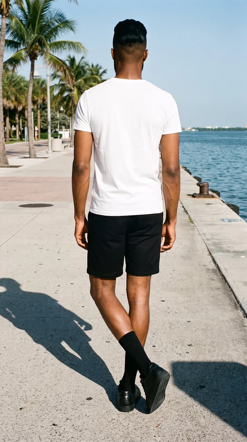 A 35-year-old African man is shown full body from the rear with his ankles crossed, wearing black dress socks. Palm trees along a waterfront promenade form the backdrop.