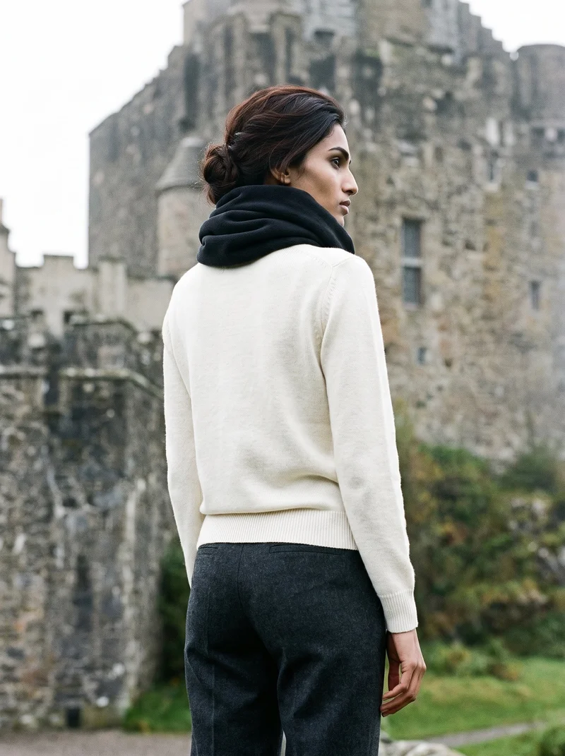 An 18-year-old Indian woman stands straight, shown in a three-quarter-length angled rear view, wearing a black fleece neck gaiter. A Scottish castle forms the backdrop.