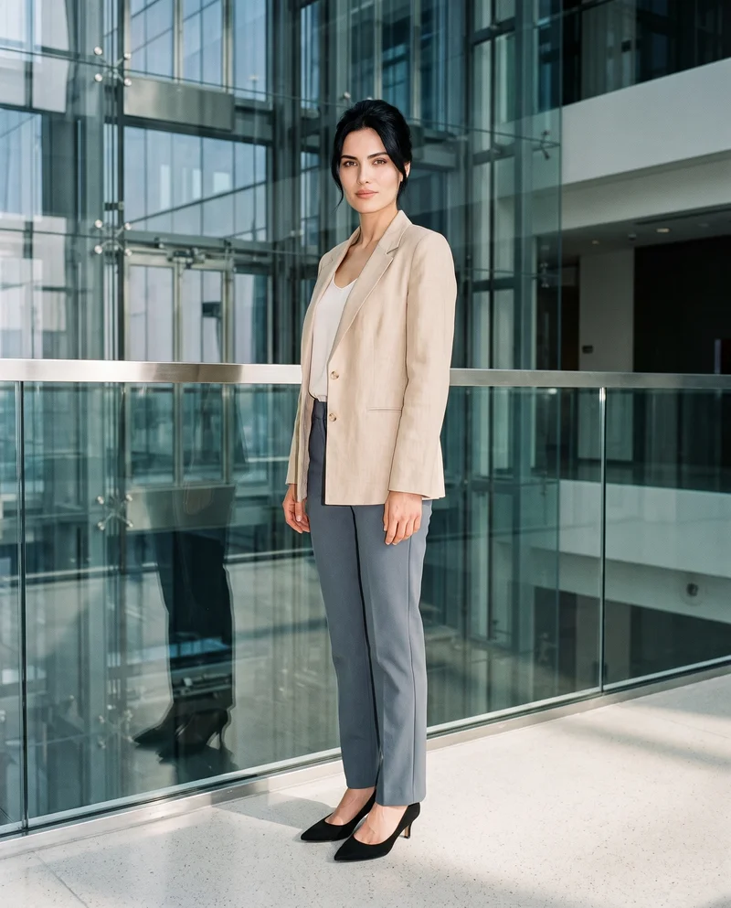Women's Beige Linen Blazer, Full body at Three-quarter, Flash Editorial lighting