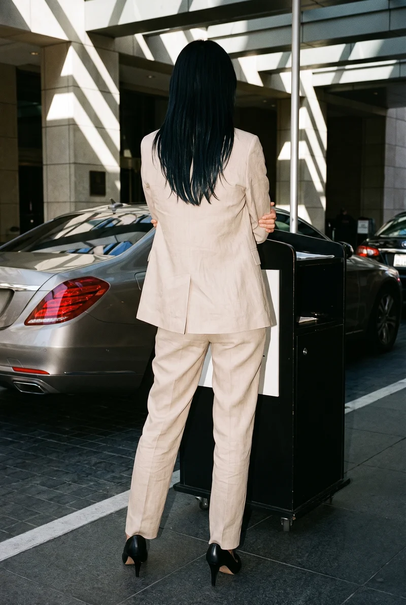 A 28-year-old Japanese woman is shown full body from the back wearing a beige linen trouser suit. She poses in a self-hug stance against a valet stand backdrop.