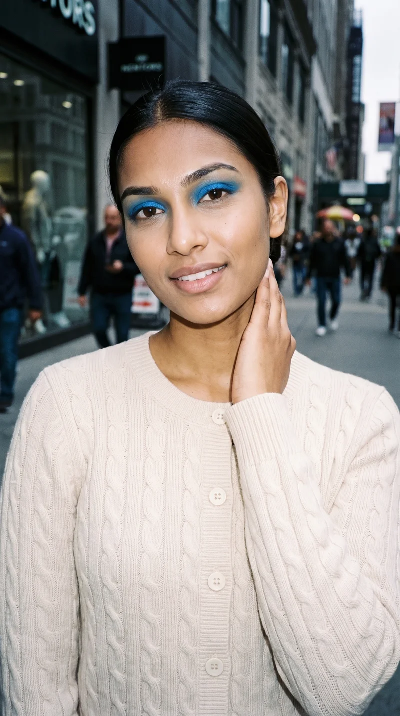 A 19-year-old Indian woman wears a women's cream cable-knit cardigan in a bust-framed front view. She is smiling with one hand on her neck, against an urban street backdrop.