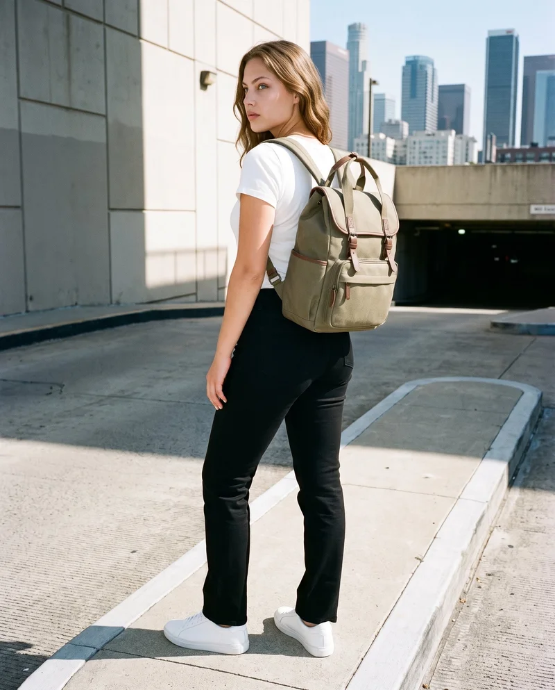 A 20-year-old Caucasian woman is shown full body carrying a women's olive utility backpack on her back, viewed from an angled rear perspective. An island causeway city skyline forms the backdrop.