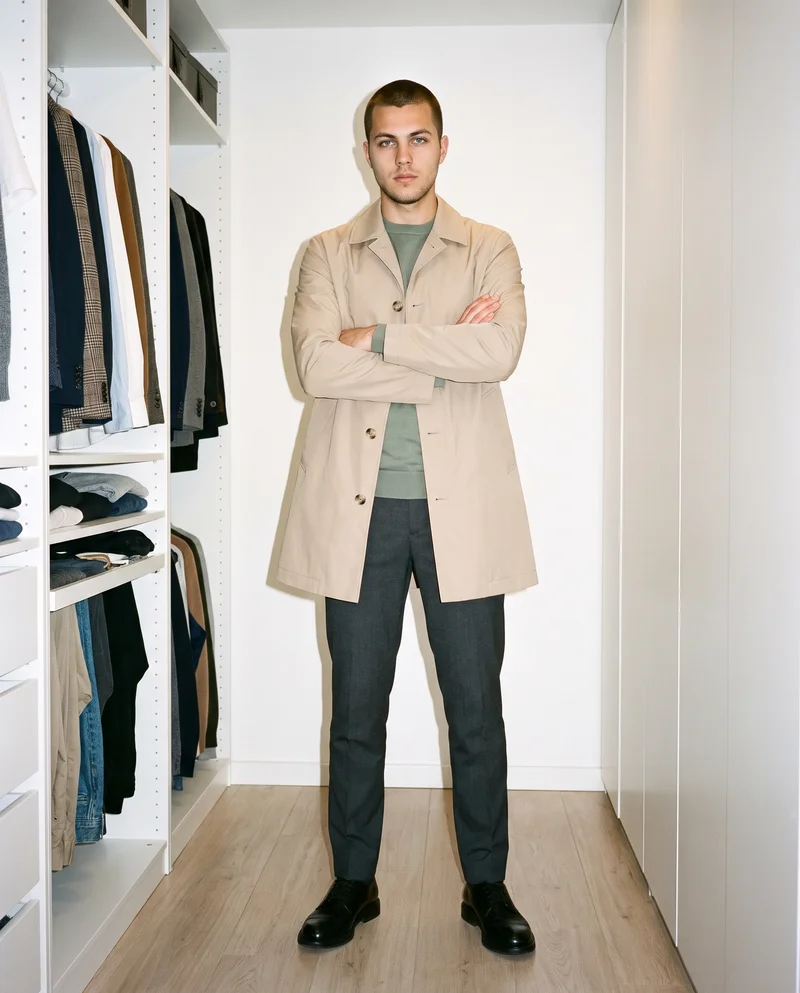 A 21-year-old Caucasian man wears a beige cotton mac in a full-body front view, standing with his arms crossed and a confident expression. A walk-in closet serves as the backdrop.