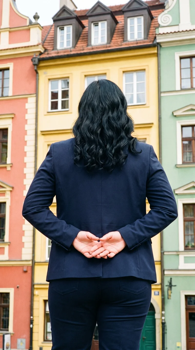 A 26-year-old Caucasian woman is shown from the rear in an upper-body view, wearing a women's navy two-piece suit with her hands behind her back. A Charleston Rainbow Row backdrop is visible.