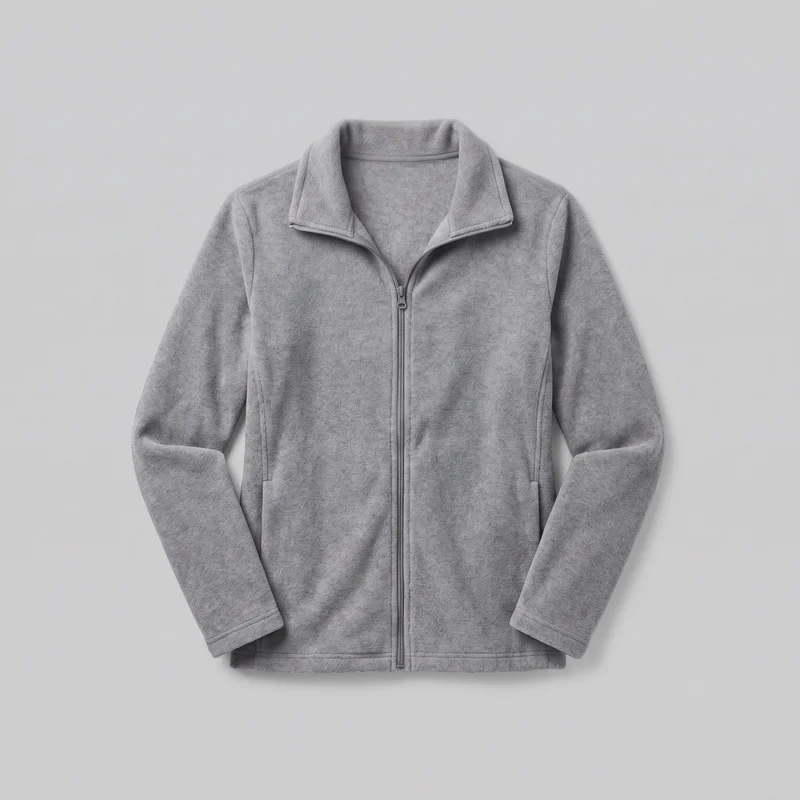 A grey women's full-zip fleece jacket is laid flat in a single front view. It has a regular straight silhouette, long set-in sleeves, an open stand collar, a centered zipper with a visible pull, low vertical welt pockets on both front panels, and stitched seams and binding at the shoulders, sleeves, cuffs, and straight hem.