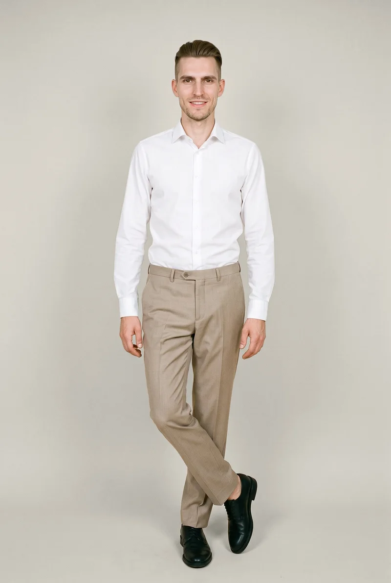A 32-year-old Caucasian man wears beige suit trousers and stands in a full-body front view with his ankles crossed and a smile. The image uses an Oyster Pearl flat-color backdrop.
