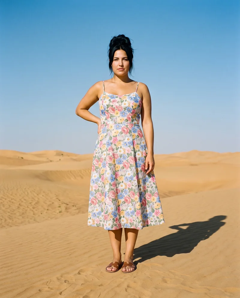 A 34-year-old Caucasian woman wears a floral print slip dress in an environmental front view, standing with one hand on her lower back and a neutral expression. Death Valley dunes form the backdrop.