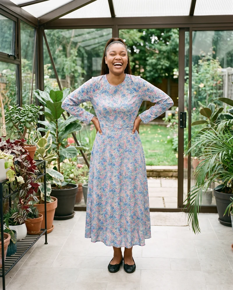 Floral Print Modest Maxi Dress, Full body at Front, Natural E-Commerce lighting