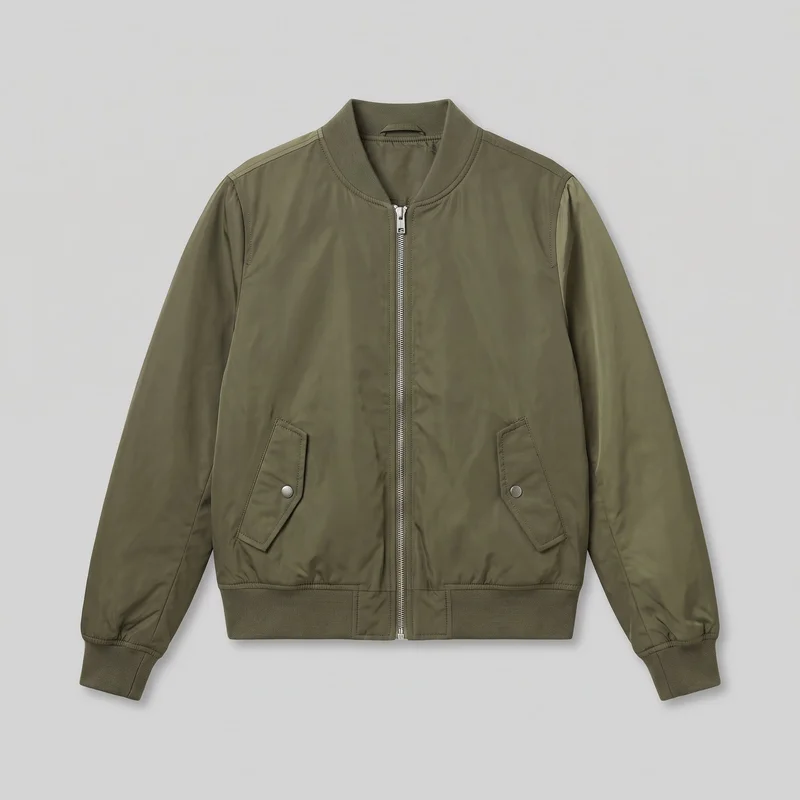 Women's olive MA-1 bomber jacket shown laid flat in a complete front view. The waist-length jacket has a rounded ribbed stand collar, long sleeves with ribbed cuffs, a full-length exposed zipper, a ribbed waistband hem, visible shoulder and sleeve seams, and two angled lower front flap pockets with snap-button closures.