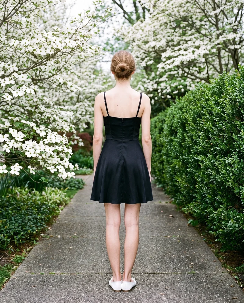 A 21-year-old Caucasian woman stands straight, shown in a full-body rear view wearing a black satin cocktail dress. A dogwood tree grove forms the backdrop.