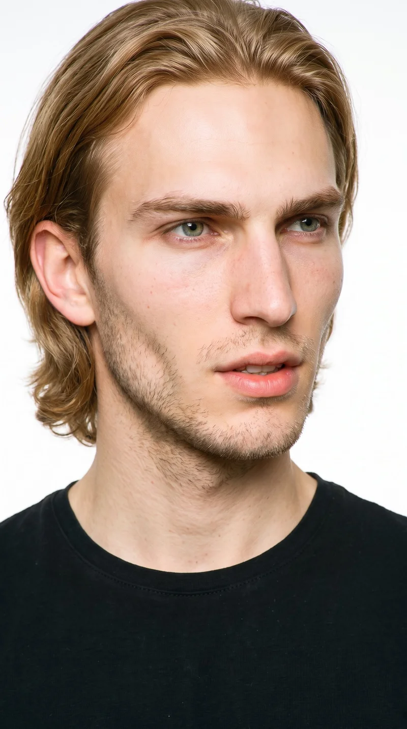 A 22-year-old Caucasian man with very pale skin and a cool undertone has a chiseled face with sharp, angular features, a defined jaw, and pronounced cheekbones. His thin eyebrows frame blue eyes with a cool undertone, and he has full lips. Warm honey-blonde hair is brushed back with body and movement extending past the ears. Very short facial-hair growth creates a faint, even five-o’clock shadow across the beard area.