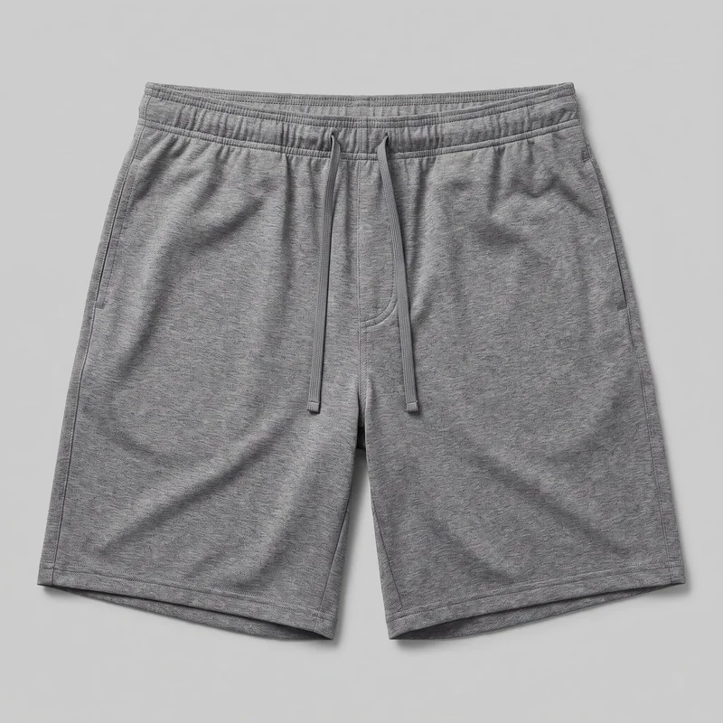 Grey men's gym shorts shown flat in a standalone front view. The shorts have a relaxed straight-leg silhouette, a visible elasticated waistband with a central drawstring, inset side pockets, vertical front-rise seam detail, side seams, and straight above-knee to knee-length hems with double-row stitching.