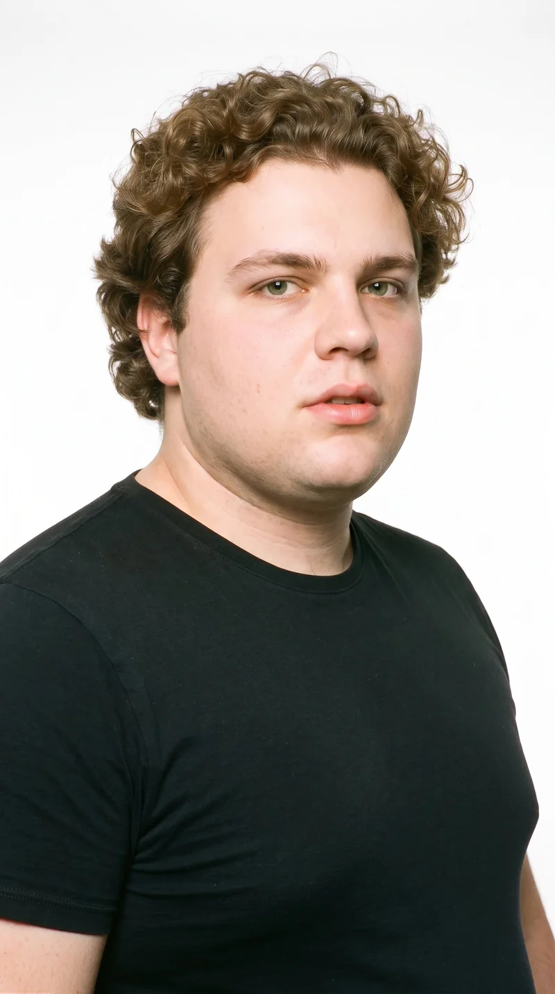 A 22-year-old Caucasian man with medium skin and a peach undertone. His triangular face has a wide jaw that narrows toward the forehead, emphasizing the lower face. He has thin eyebrows, green eyes, and thin lips. His dark-blonde hair forms defined, springy curls with natural volume, and he is clean-shaven with smooth skin across the face.
