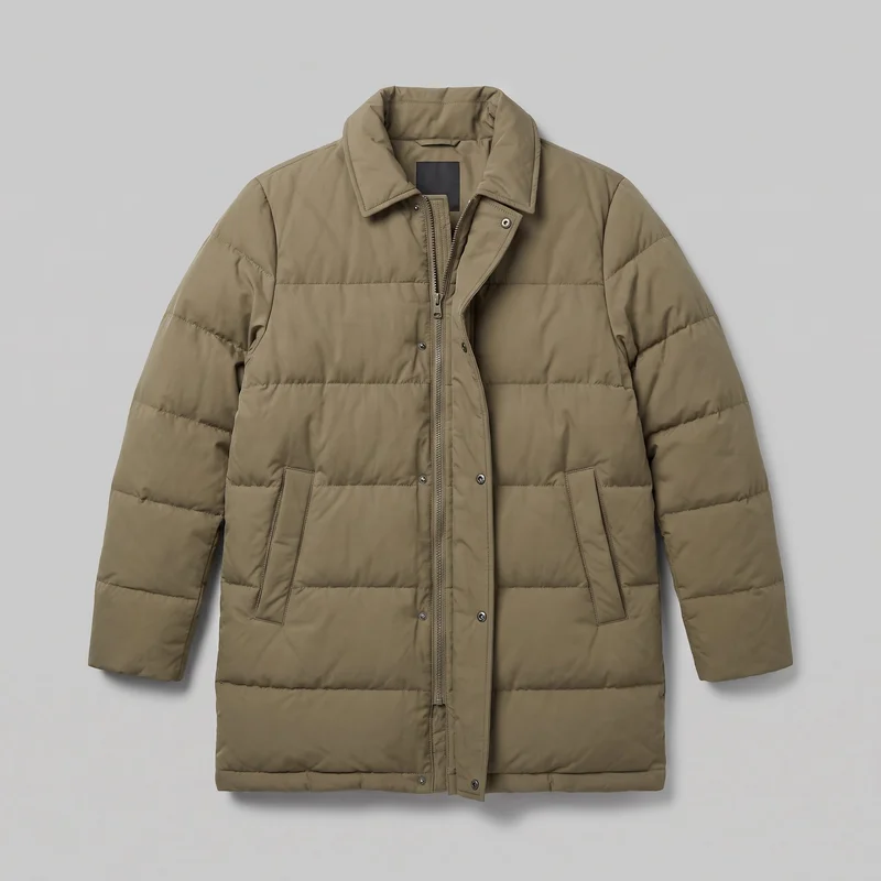 Men's khaki longline puffer coat laid flat in a mostly complete front view. The coat has horizontal quilted baffle channels, full-length sleeves, a pointed turn-down collar, two angled lower welt pockets, and a straight below-hip hem. Its partly open wide snap storm placket reveals the center-front zipper and metal snap hardware.