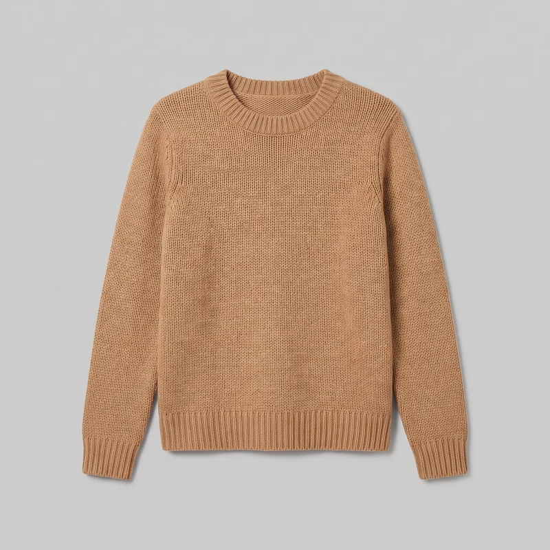 A complete standalone front view of a women's camel knit pullover jumper, shown flat against a backdrop. The regular-fit sweater has a straight body, full-length long sleeves, a thick ribbed crew neckline, matching ribbed cuffs and bottom hem, raised allover knit texture, and visible raglan-style seams from the neckline toward the underarms. No closures, pockets, logos, prints, patches, embroidery, or embellishments are visible.